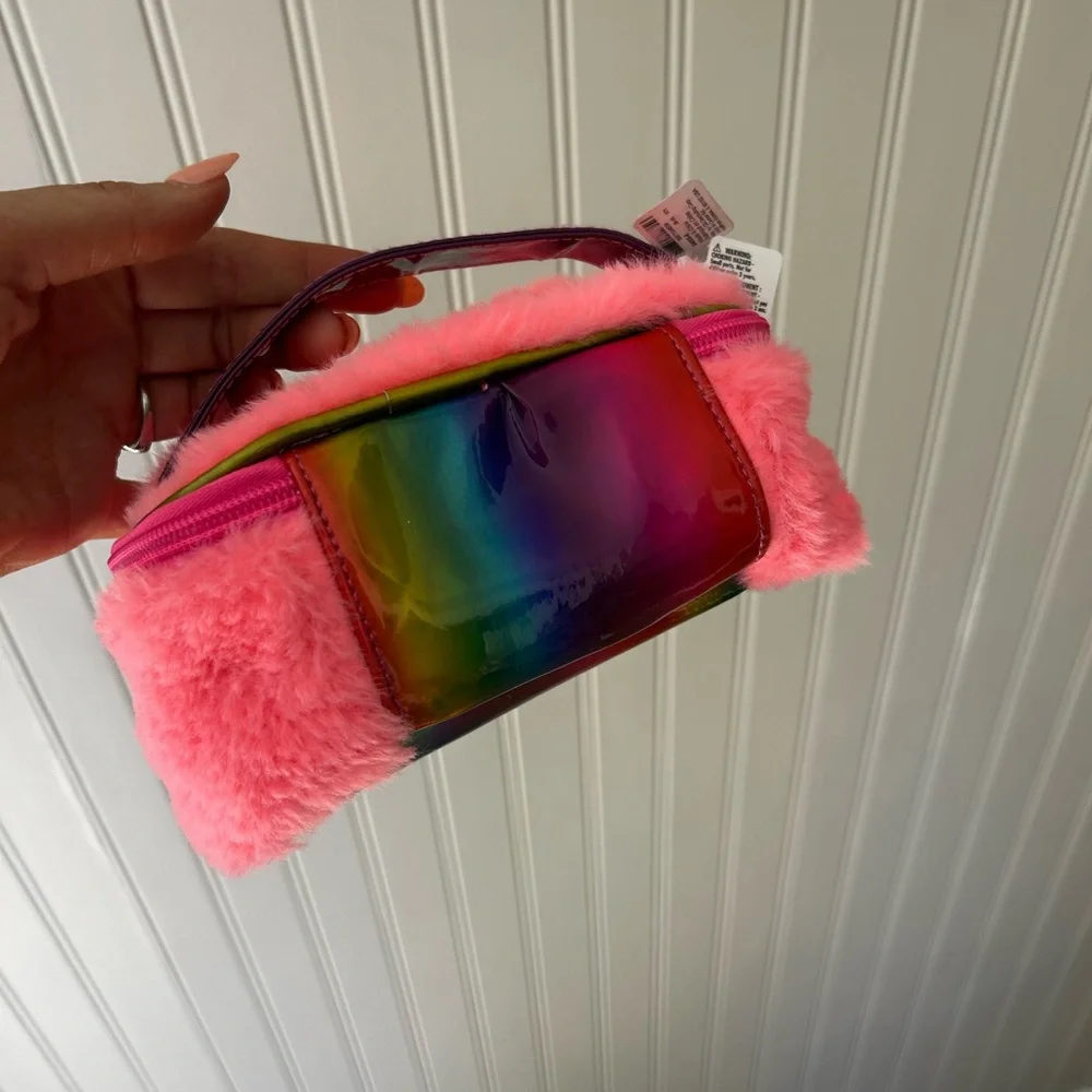 ⭐️ NEW Claire's Pink Furry Animal Pouch Bag Rainbow Ears iridescent